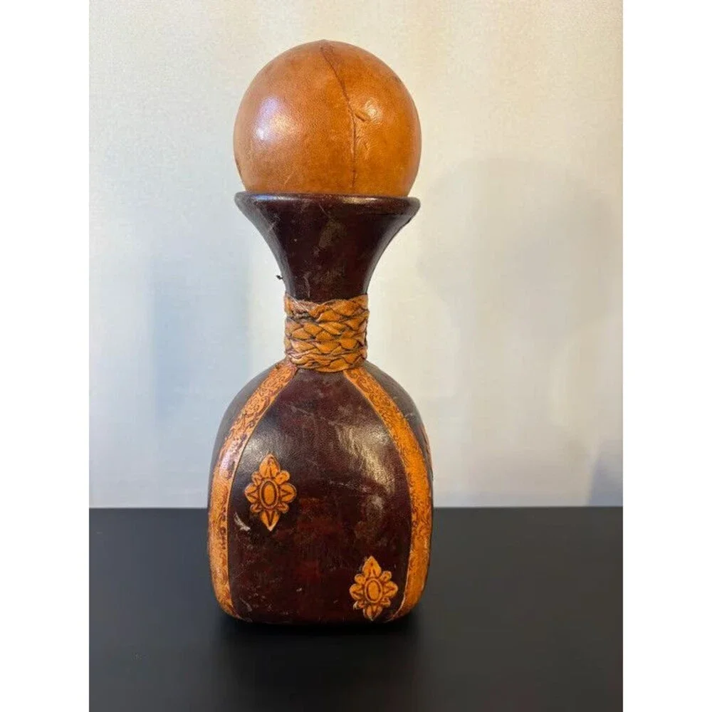 Italian Leather Decanter Dark Brown Fleur de Lis Applied Motifs Ball Stopper